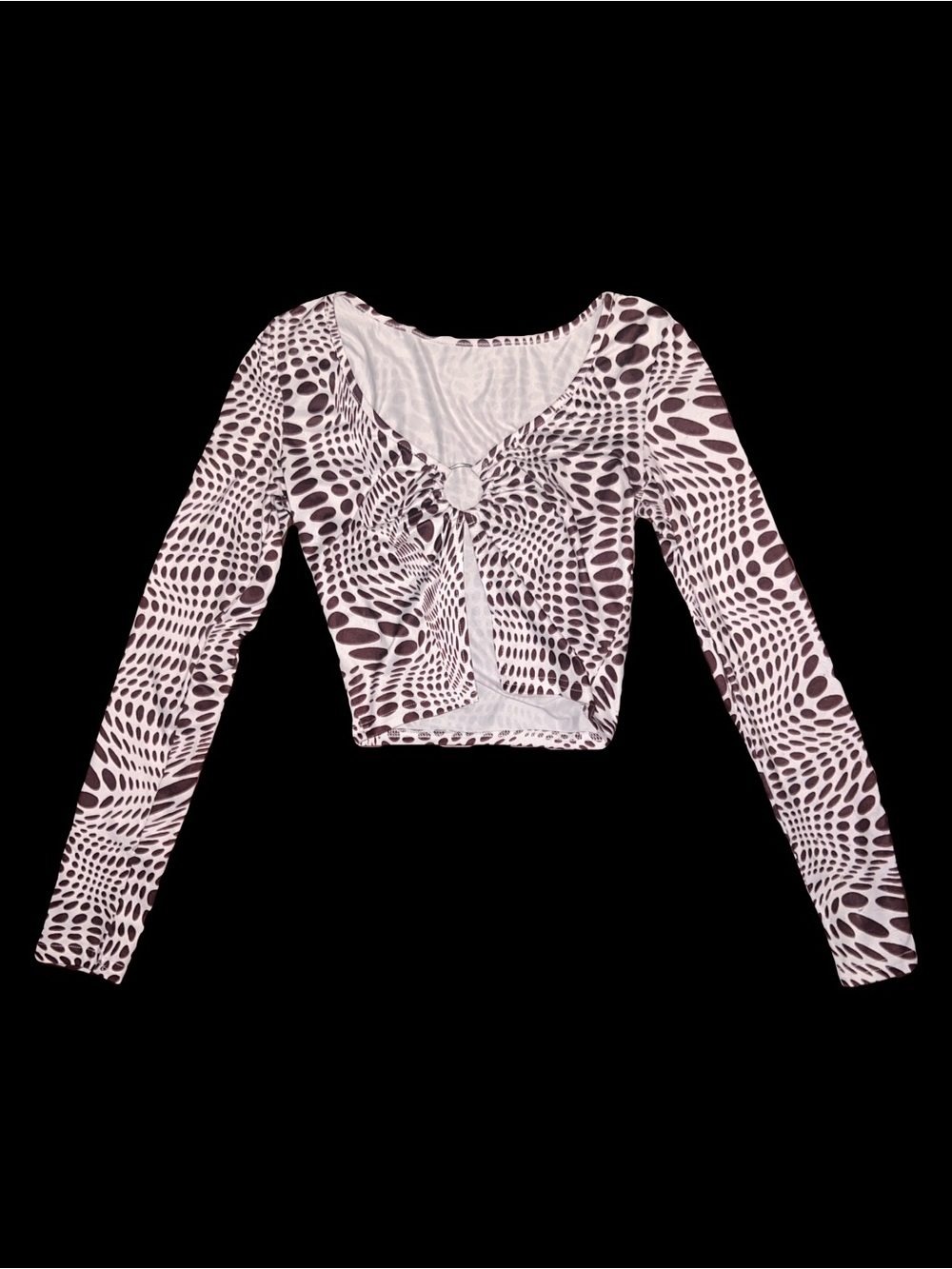 Long Sleeve Silver Circle Knot-Front Crop Top in White and Brown